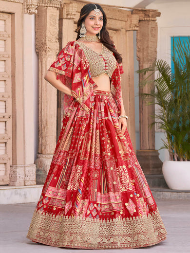 Stunning Red Chinon Digital Printed Wedding Lehenga Choli